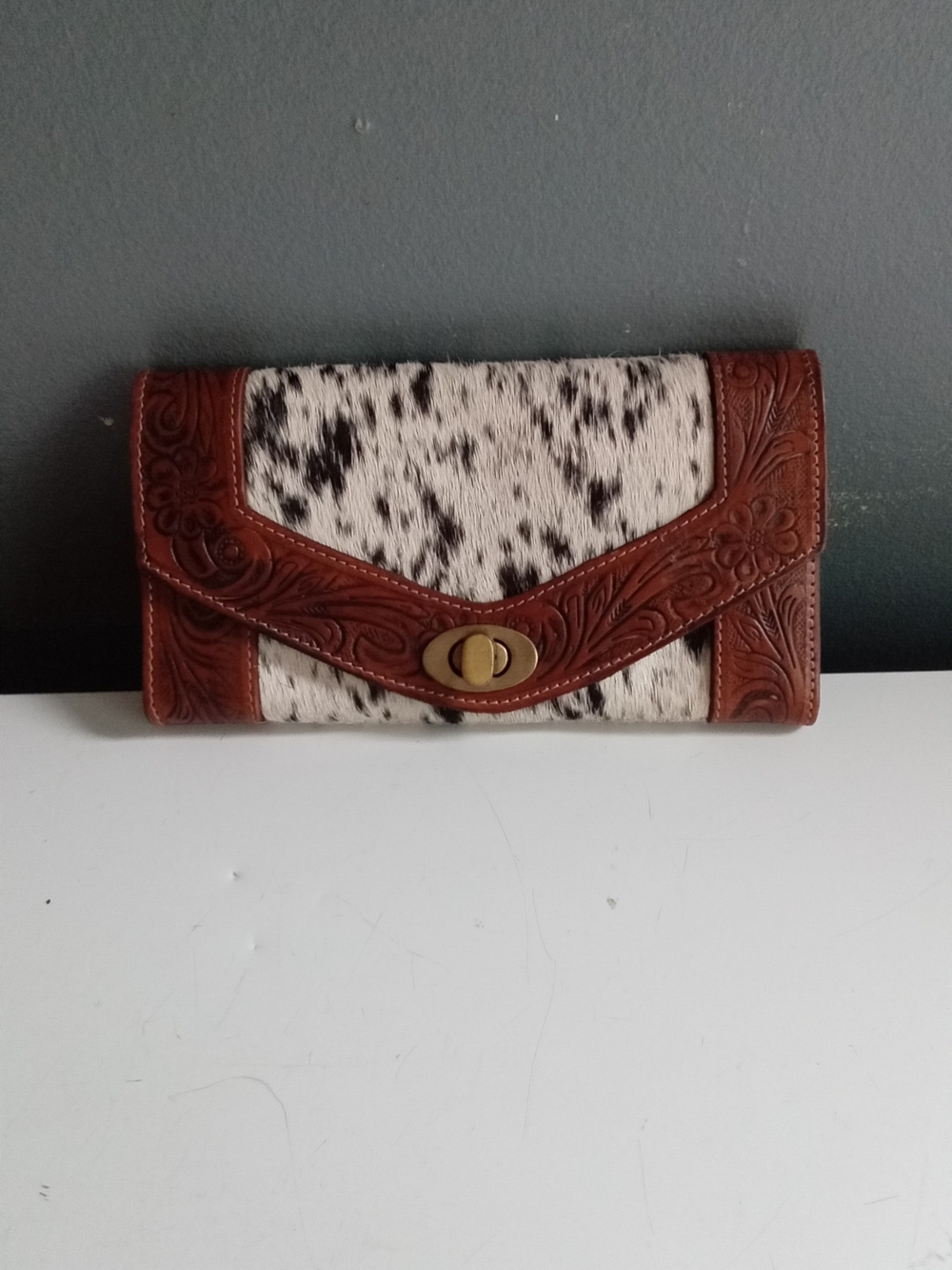 Myra Bag Brown Tooled Leather & Spotted White Cowhide Wallet